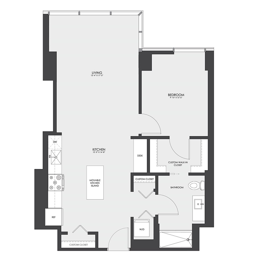 Rendering of the Tier 03 floor plan with 1 bedroom[s] and 1 bathroom[s] at hubbard221