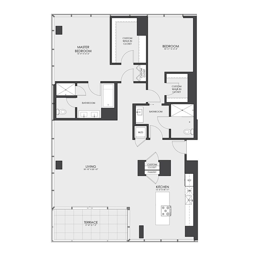Rendering of the Penthouse 01 floor plan with 2 bedroom[s] and 2 bathroom[s] at hubbard221