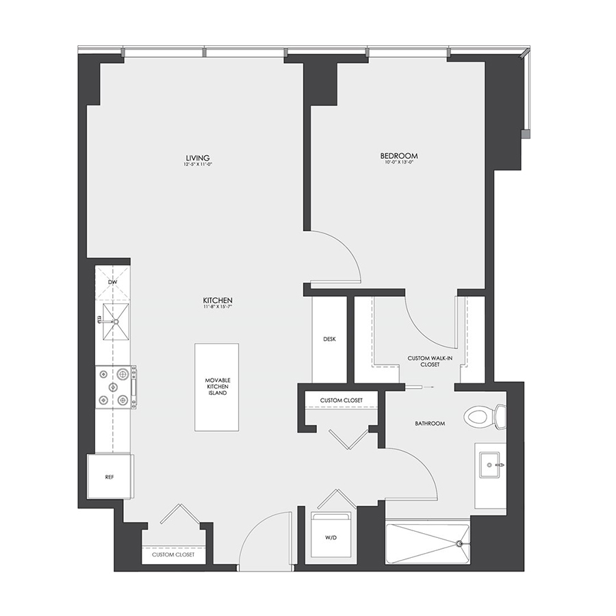 Rendering of the Tier 06 floor plan with 1 bedroom[s] and 1 bathroom[s] at hubbard221