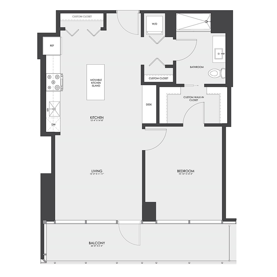Rendering of the Tier 12 floor plan with 1 bedroom[s] and 1 bathroom[s] at hubbard221