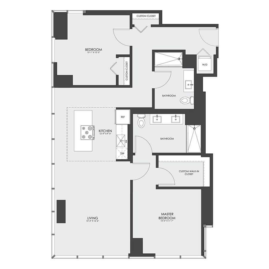 Rendering of the Tier 13 floor plan with 2 bedroom[s] and 2 bathroom[s] at hubbard221