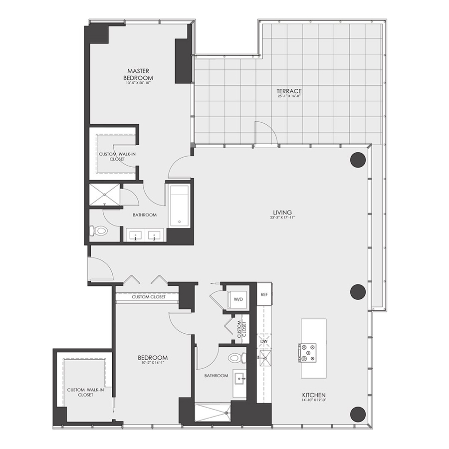 Rendering of the Penthouse 03 floor plan with 2 bedroom[s] and 2 bathroom[s] at hubbard221