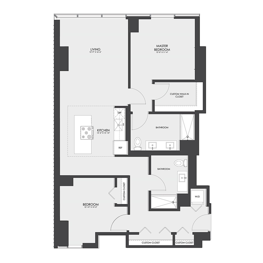 Rendering of the Tier 02A floor plan with 2 bedroom[s] and 2 bathroom[s] at hubbard221