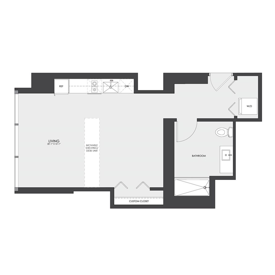 Rendering of the Tier 01 floor plan with a Studio bedroom and 1 bathroom[s] at hubbard221