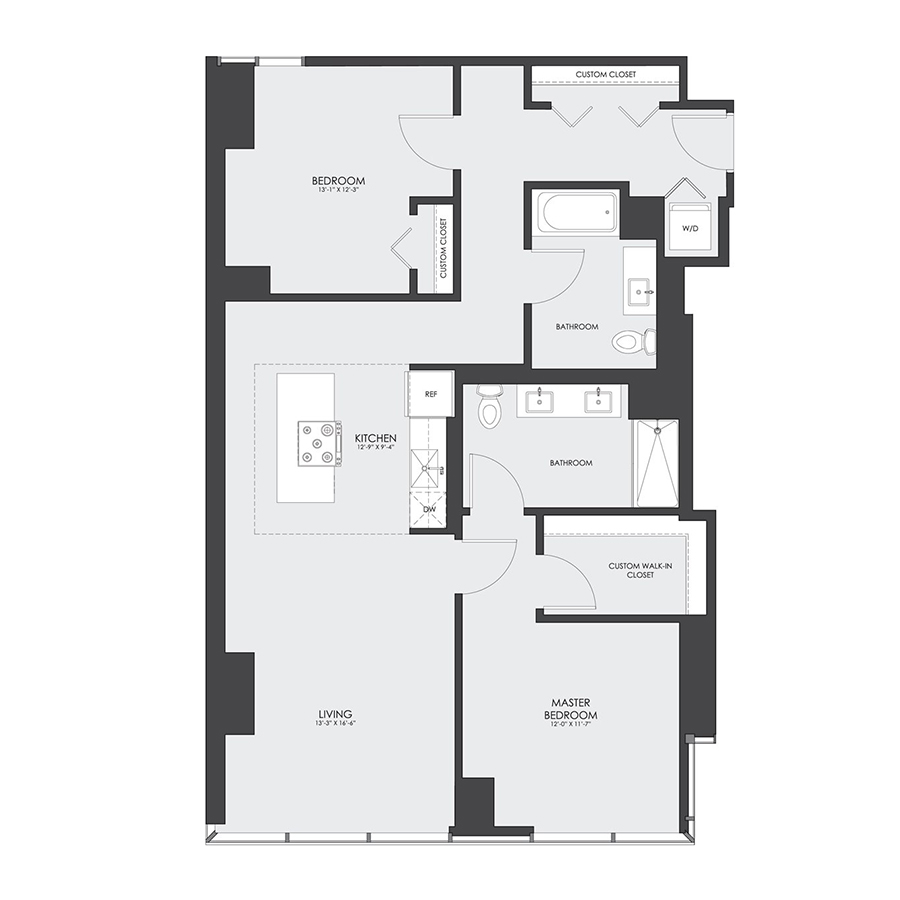 Rendering of the Tier 13A floor plan with 2 bedroom[s] and 2 bathroom[s] at hubbard221