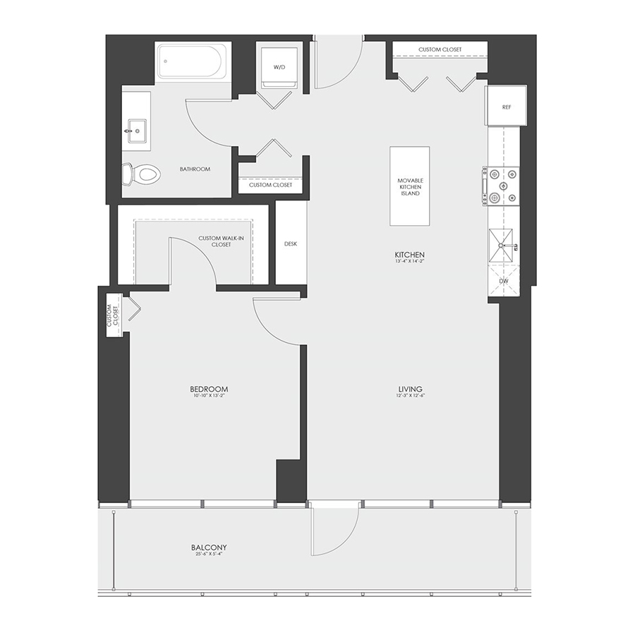 Rendering of the Tier 11A floor plan with 1 bedroom[s] and 1 bathroom[s] at hubbard221