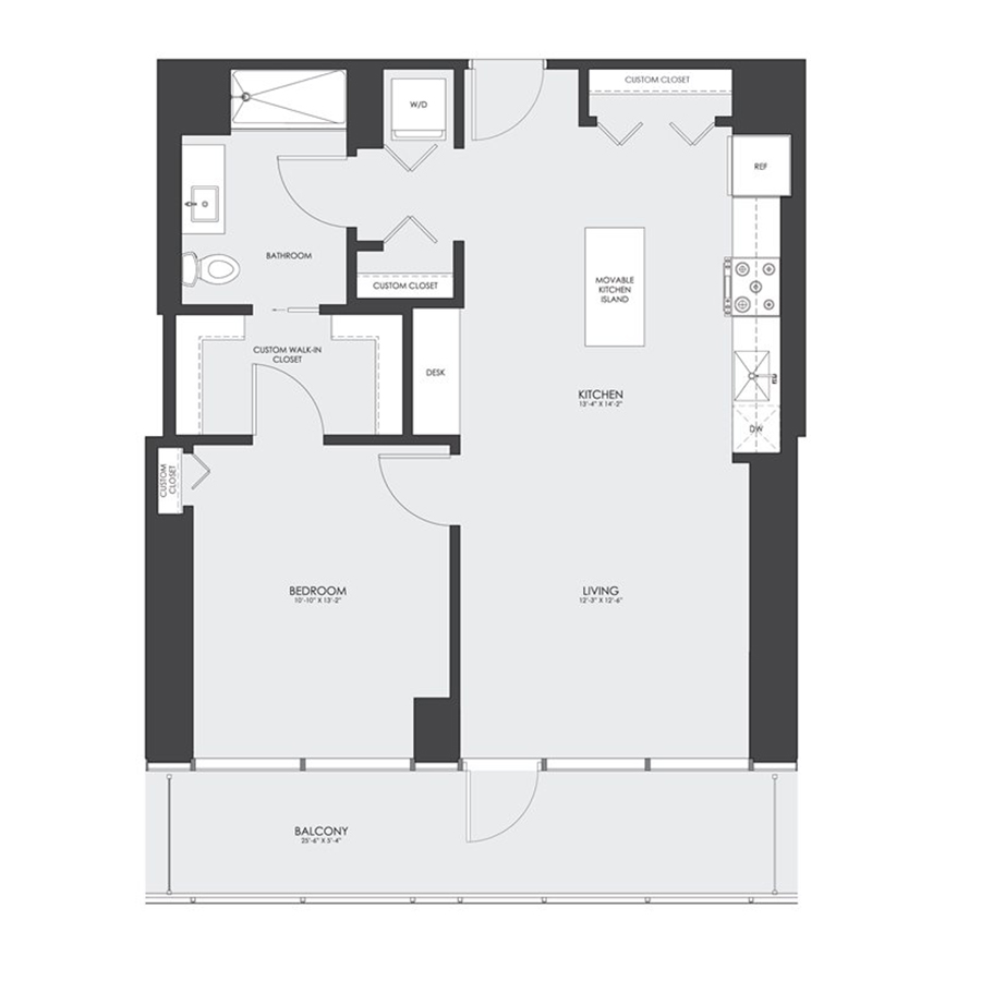 Rendering of the Tier 11 floor plan with 1 bedroom[s] and 1 bathroom[s] at hubbard221