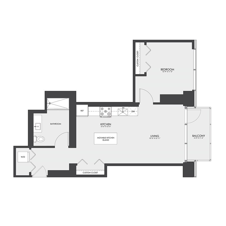 Rendering of the Tier 08 floor plan with 1 bedroom[s] and 1 bathroom[s] at hubbard221