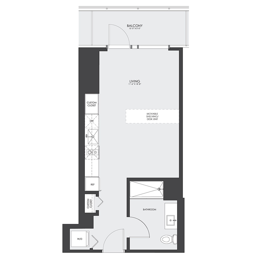 Rendering of the Tier 04A floor plan with a Studio bedroom and 1 bathroom[s] at hubbard221