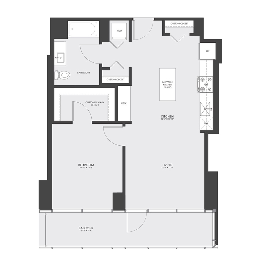Rendering of the Tier 10A floor plan with 1 bedroom[s] and 1 bathroom[s] at hubbard221