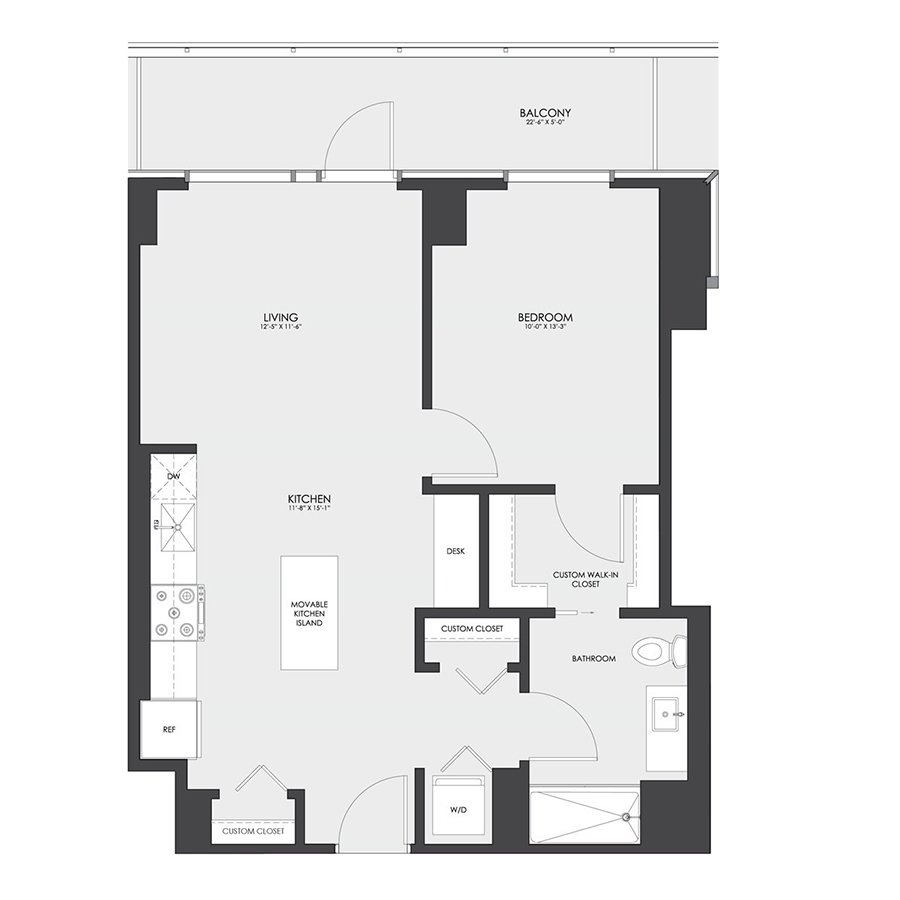 Rendering of the Tier 06B floor plan with 1 bedroom[s] and 1 bathroom[s] at hubbard221
