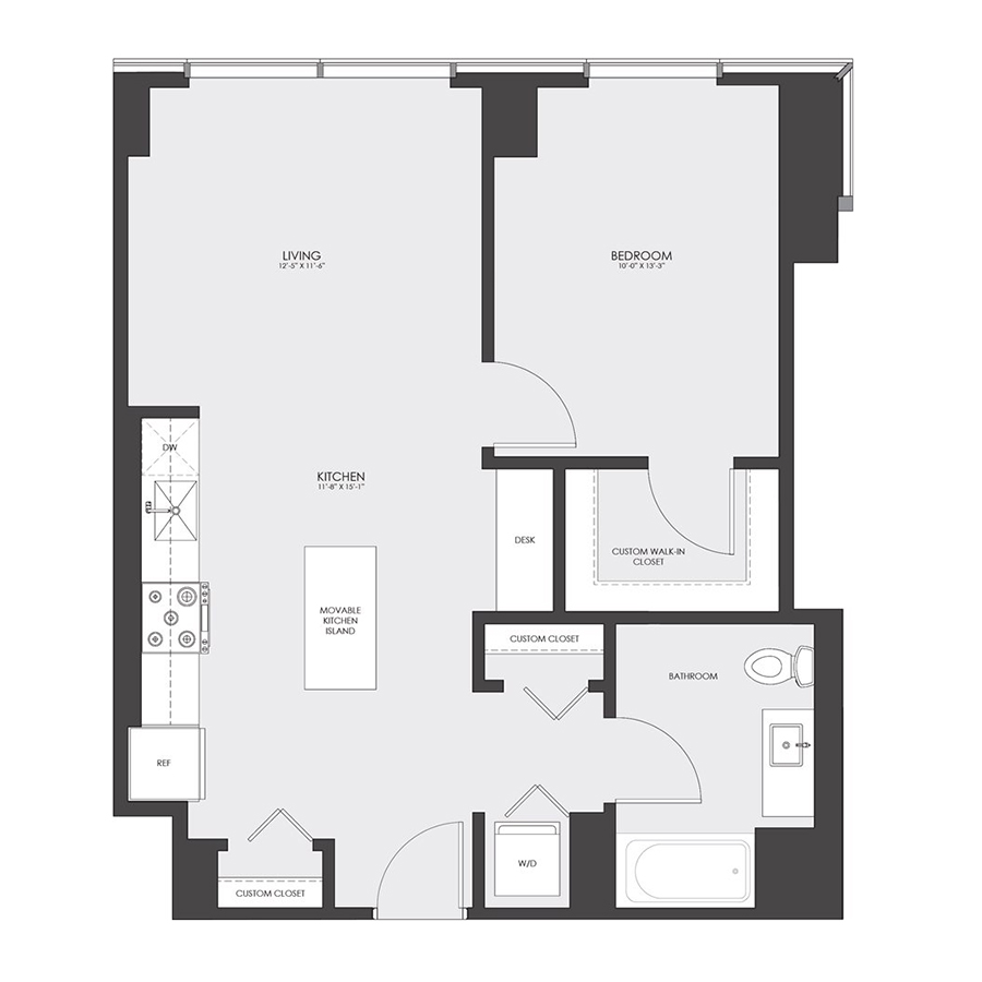 Rendering of the Tier 06A floor plan with 1 bedroom[s] and 1 bathroom[s] at hubbard221