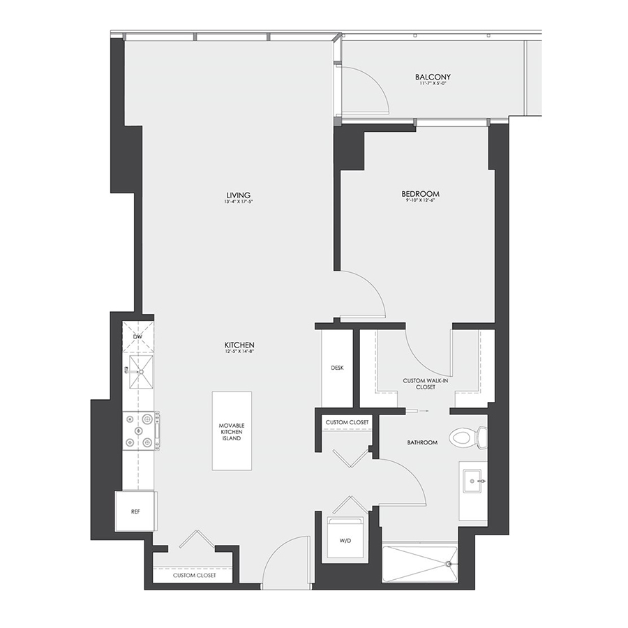 Rendering of the Tier 03B floor plan with 1 bedroom[s] and 1 bathroom[s] at hubbard221