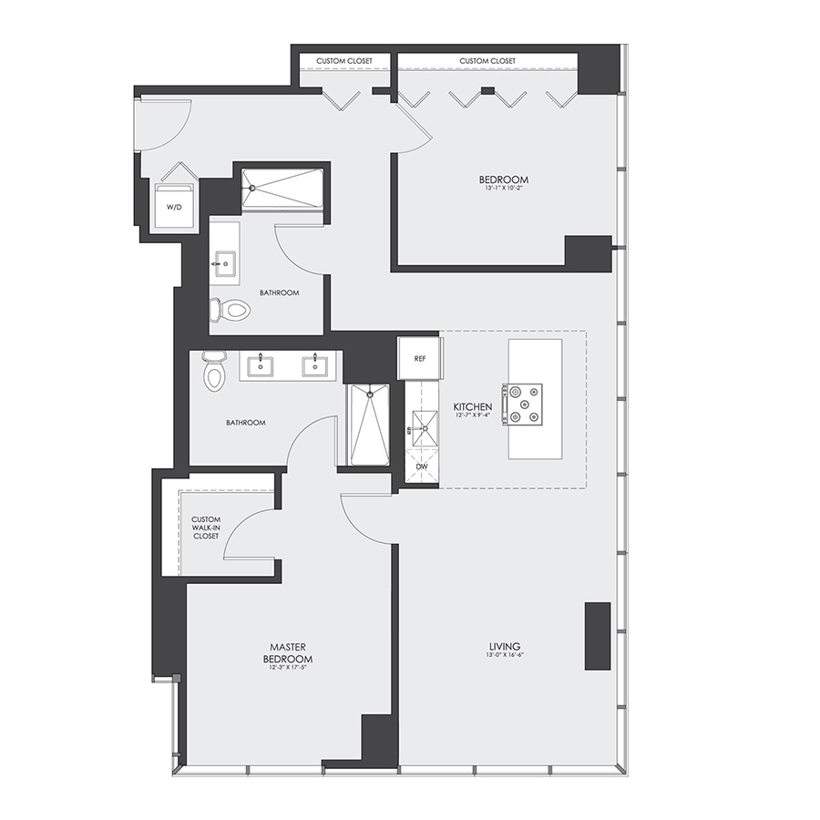 Rendering of the Tier 09 floor plan with 2 bedroom[s] and 2 bathroom[s] at hubbard221