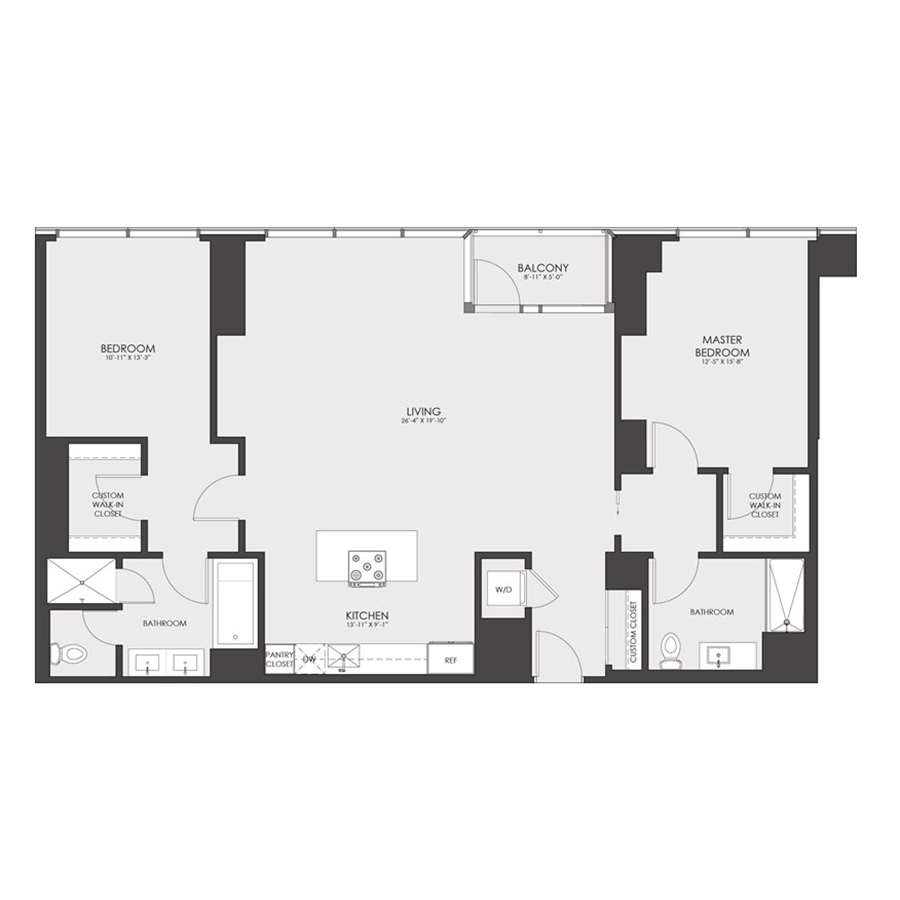 Rendering of the Penthouse 02 floor plan with 2 bedroom[s] and 2 bathroom[s] at hubbard221