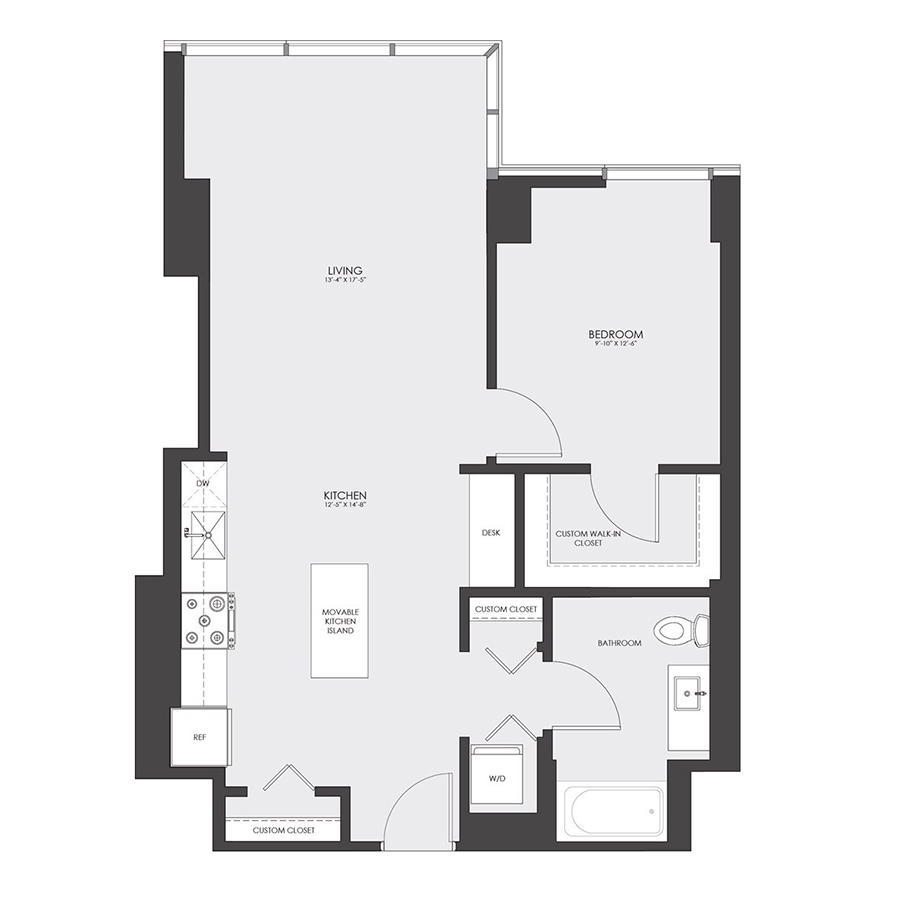 Rendering of the Tier 03A floor plan with 1 bedroom[s] and 1 bathroom[s] at hubbard221