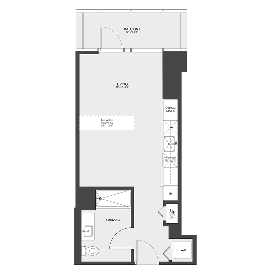 Rendering of the Tier 05A floor plan with a Studio bedroom and 1 bathroom[s] at hubbard221