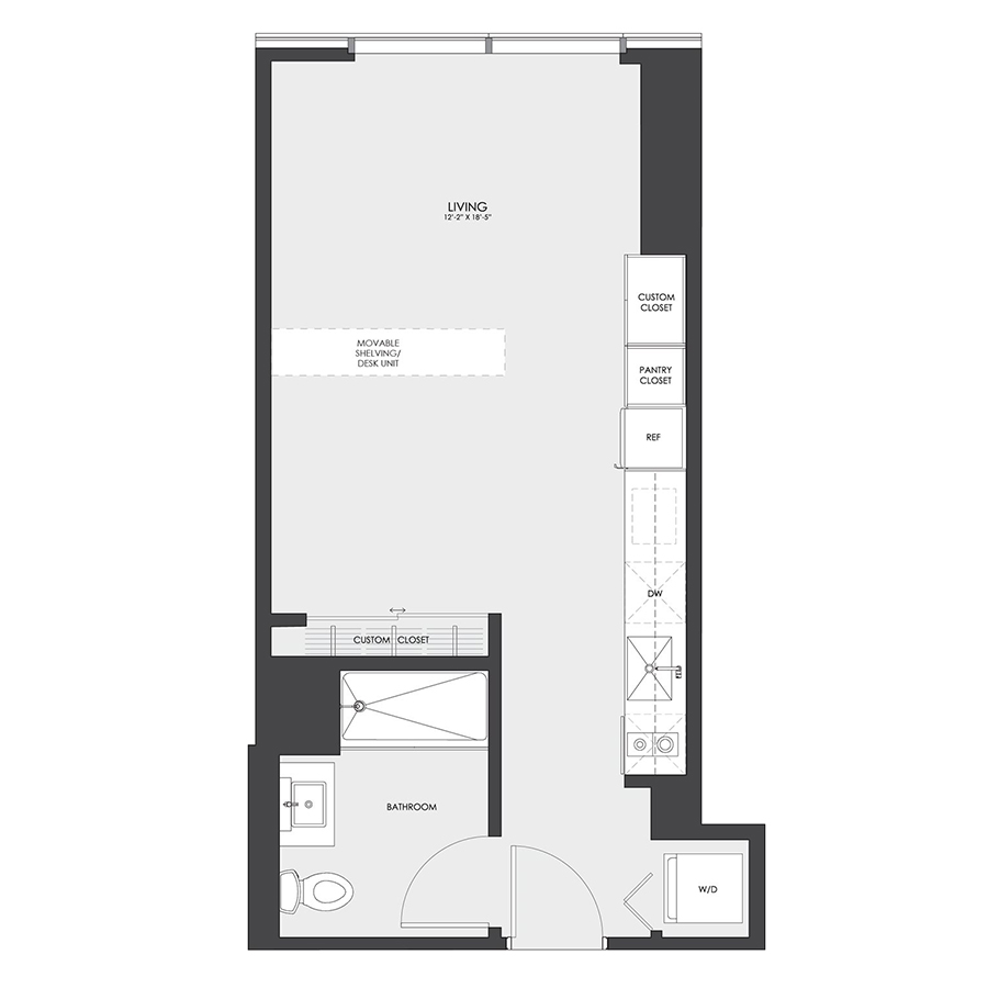 Rendering of the Tier 05 floor plan with a Studio bedroom and 1 bathroom[s] at hubbard221