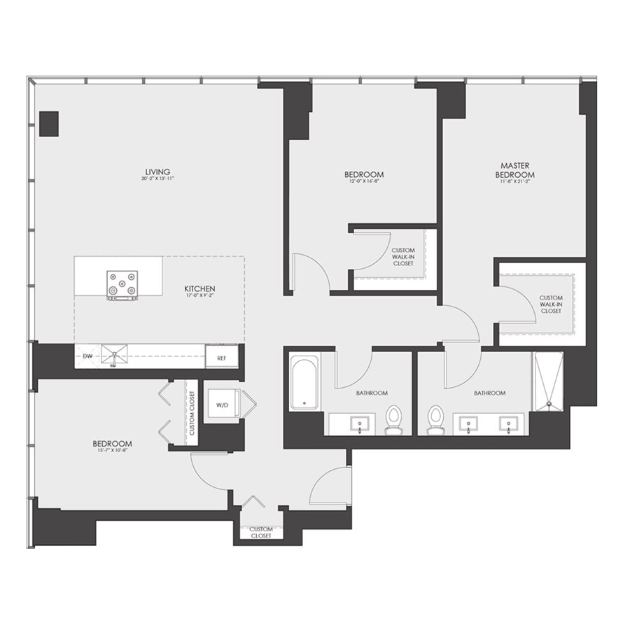 Rendering of the Penthouse 05 floor plan with 3 bedroom[s] and 2 bathroom[s] at hubbard221