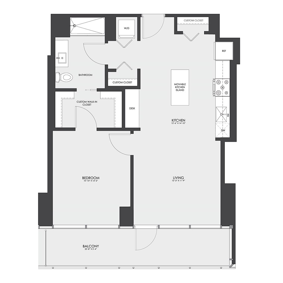 Rendering of the Tier 10 floor plan with 1 bedroom[s] and 1 bathroom[s] at hubbard221