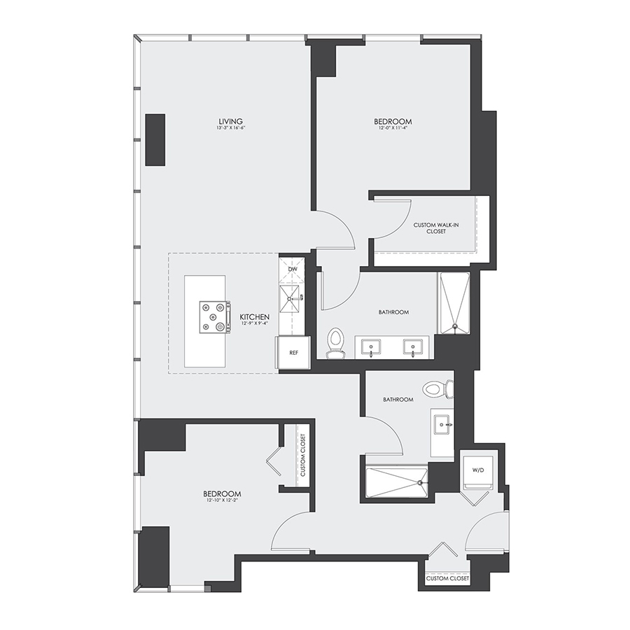 Rendering of the Tier 02 floor plan with 2 bedroom[s] and 2 bathroom[s] at hubbard221