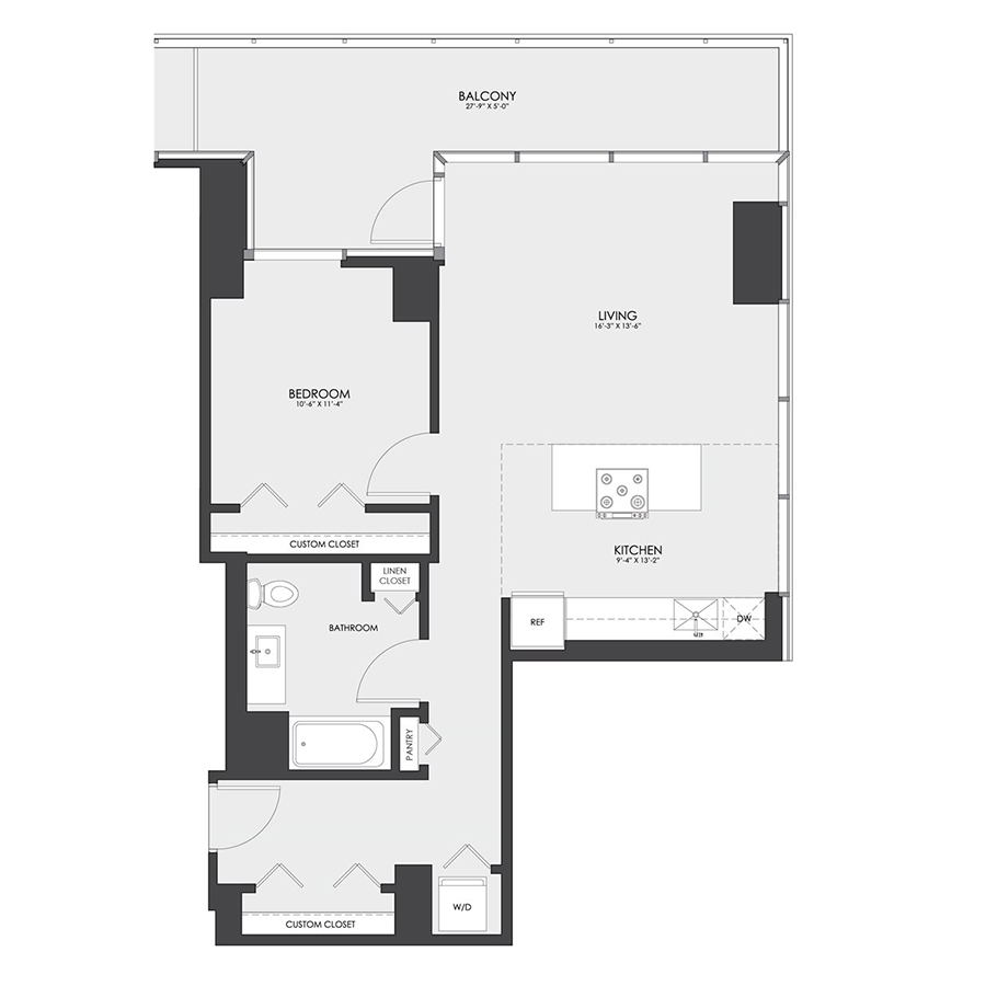 Rendering of the Tier 07A floor plan with 1 bedroom[s] and 1 bathroom[s] at hubbard221