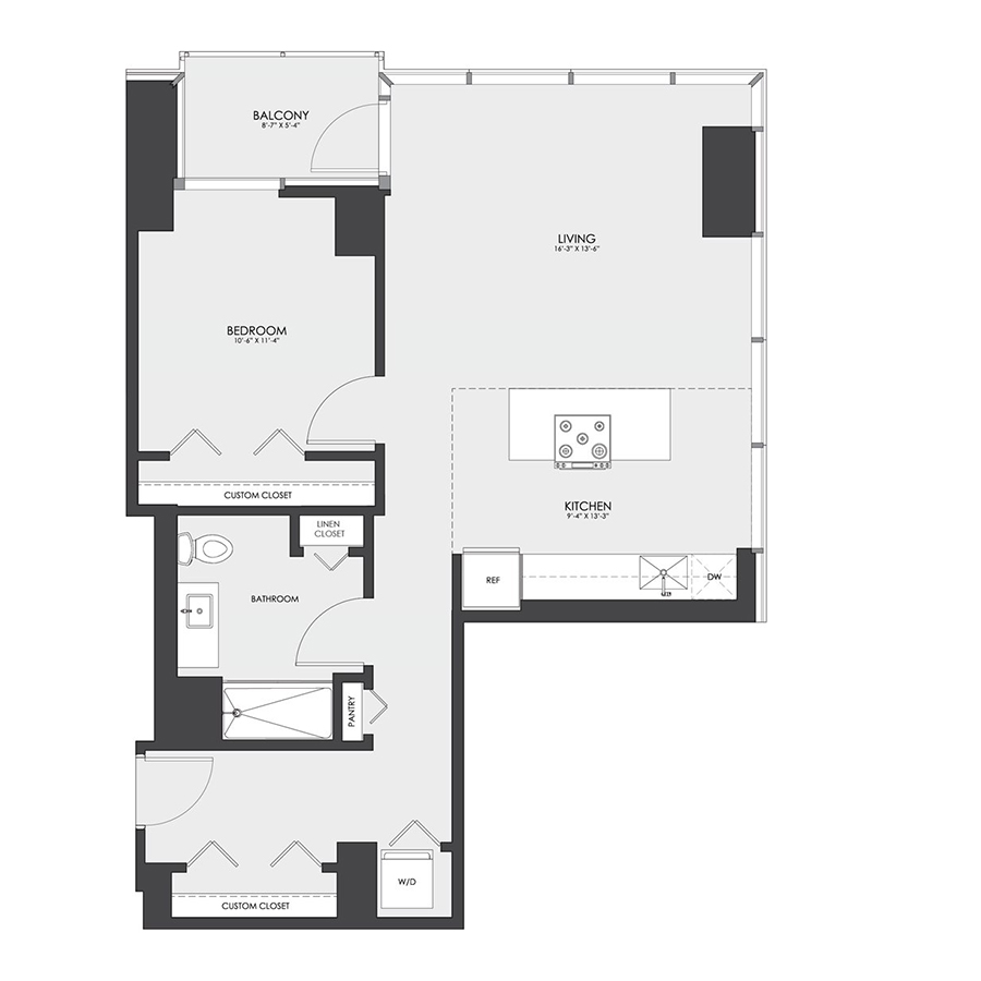 Rendering of the Tier 07 floor plan with 1 bedroom[s] and 1 bathroom[s] at hubbard221