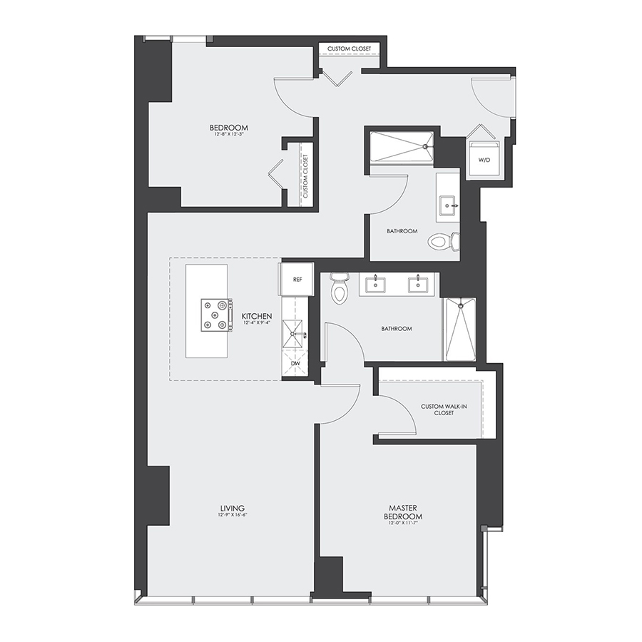Rendering of the Tier 13B floor plan with 2 bedroom[s] and 2 bathroom[s] at hubbard221