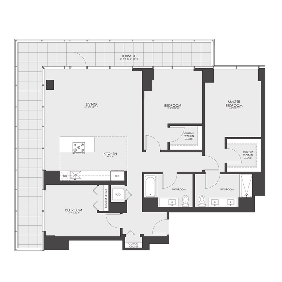 Rendering of the Penthouse 04 floor plan with 3 bedroom[s] and 2 bathroom[s] at hubbard221