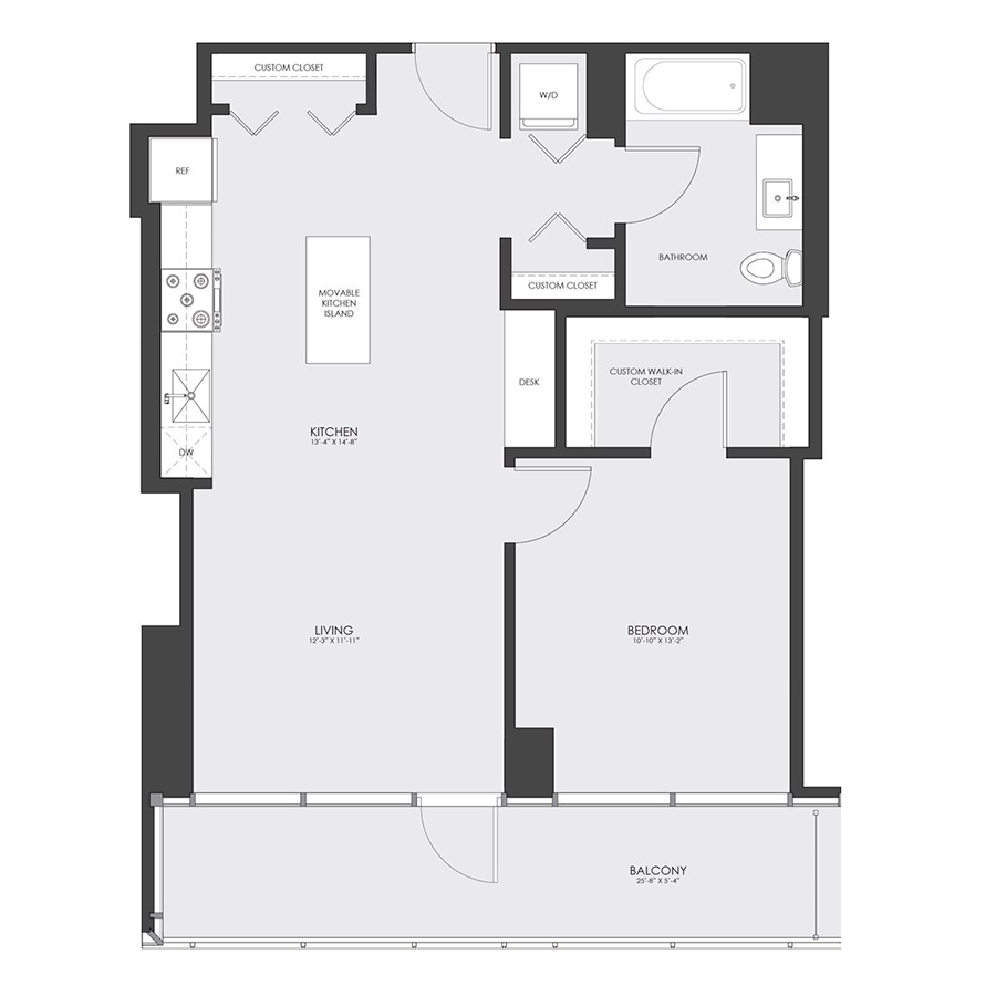 Rendering of the Tier 12A floor plan with 1 bedroom[s] and 1 bathroom[s] at hubbard221