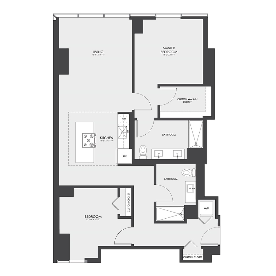 Rendering of the Tier 02B floor plan with 2 bedroom[s] and 2 bathroom[s] at hubbard221