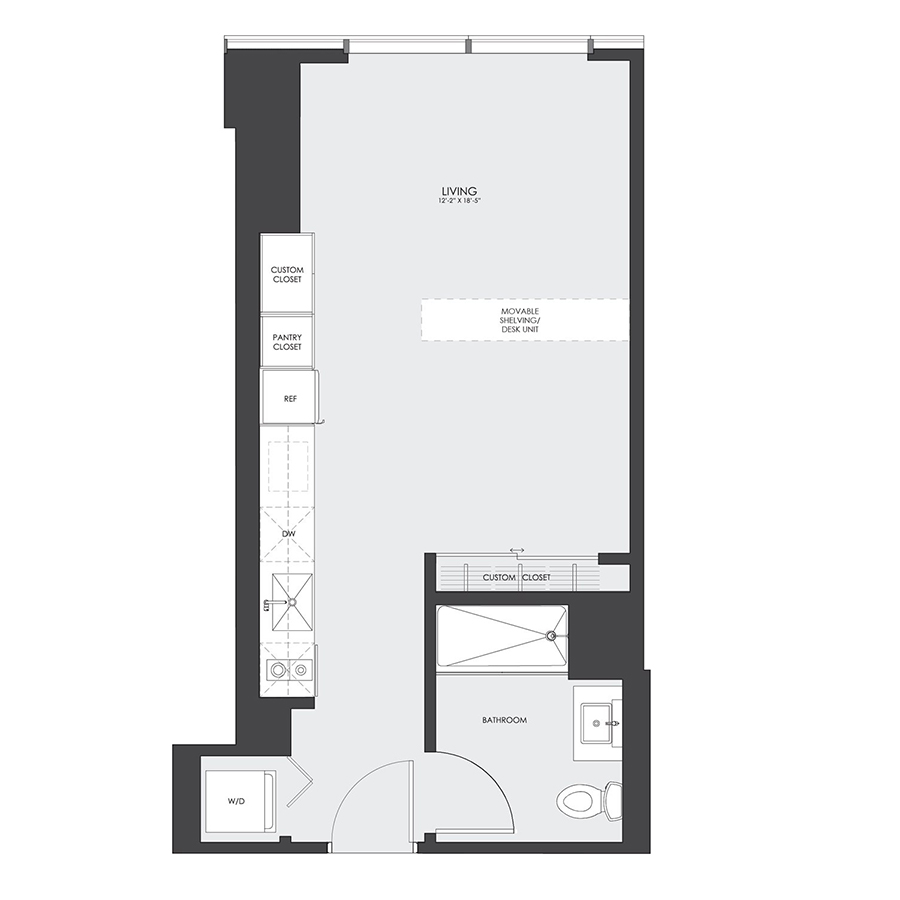 Rendering of the Tier 04 floor plan with a Studio bedroom and 1 bathroom[s] at hubbard221